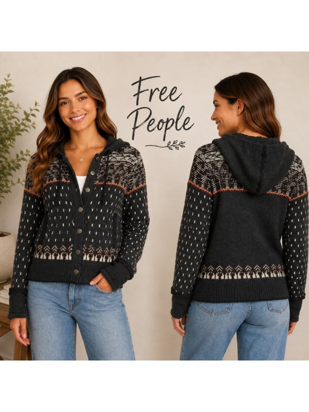 Free People Hooded Fair Isle Cardigan XS Gray Wool Blend Snap Up Sweater Jacket